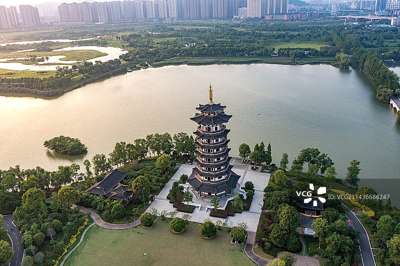 航拍湖南长沙洋湖湿地公园落日风光图片素材