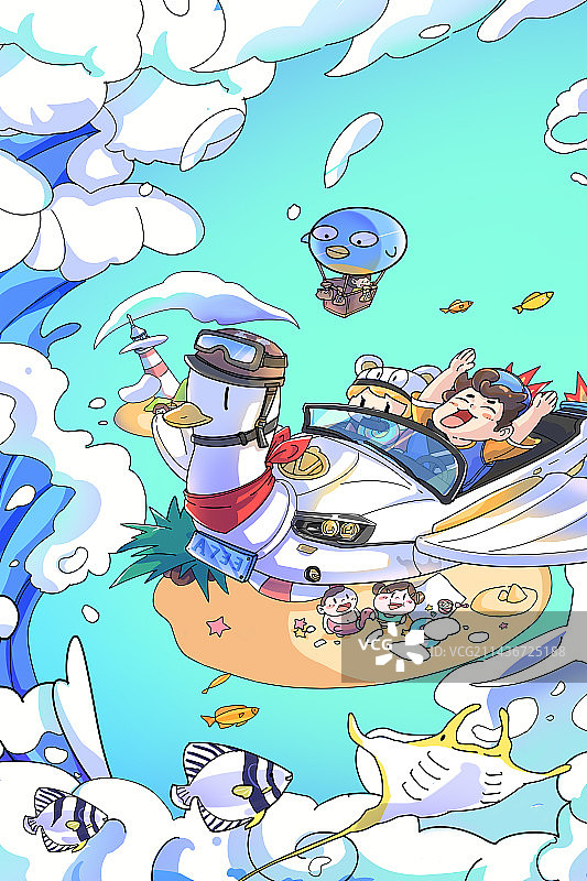 夏日冒险海边沙滩创意插画图片素材