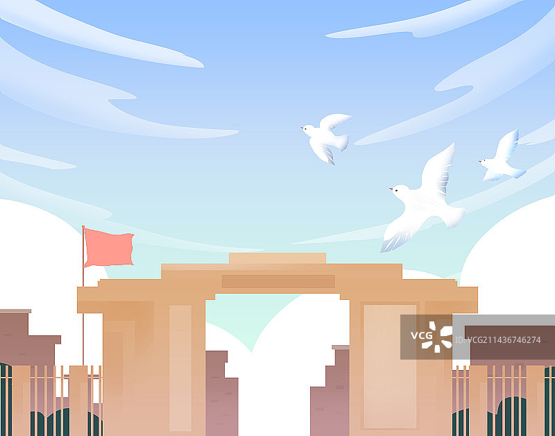 夏天毕业季大学校门与天空风景插画图片素材