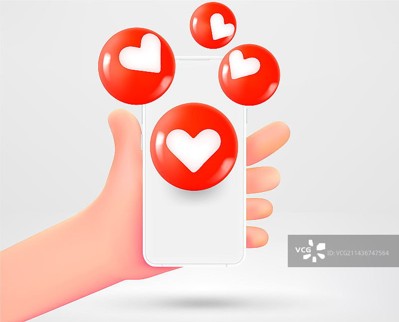 男人拿着带心形媒体图标的智能手机（3D）图片素材