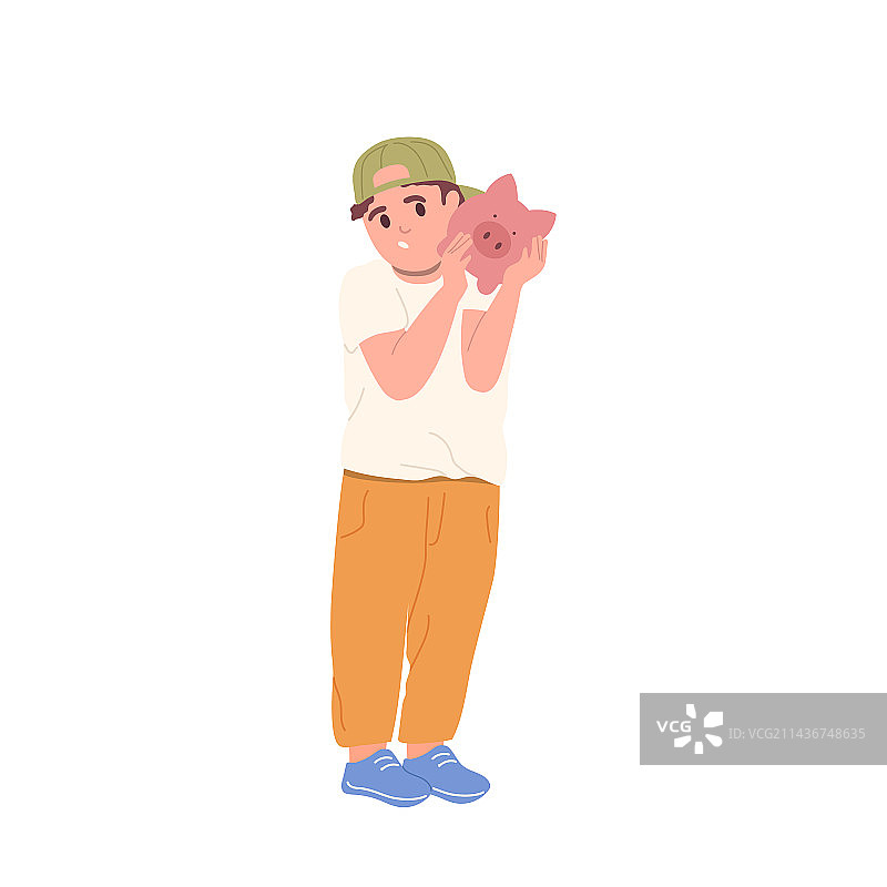 困惑的男孩摇晃储蓄罐图片素材