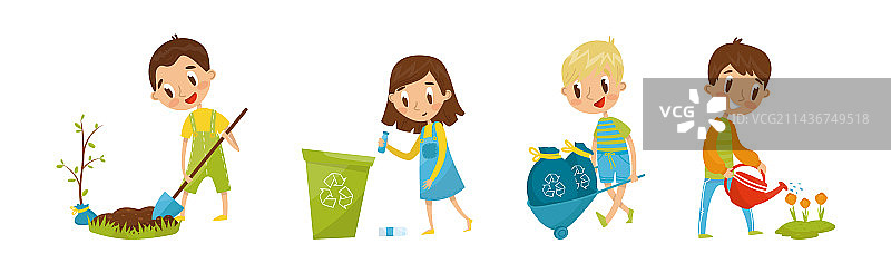 小男孩和小女孩爱护自然图片素材