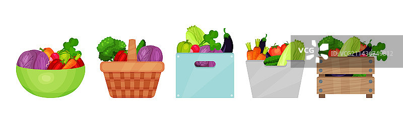 篮子和板条箱中的季节性成熟蔬菜图片素材
