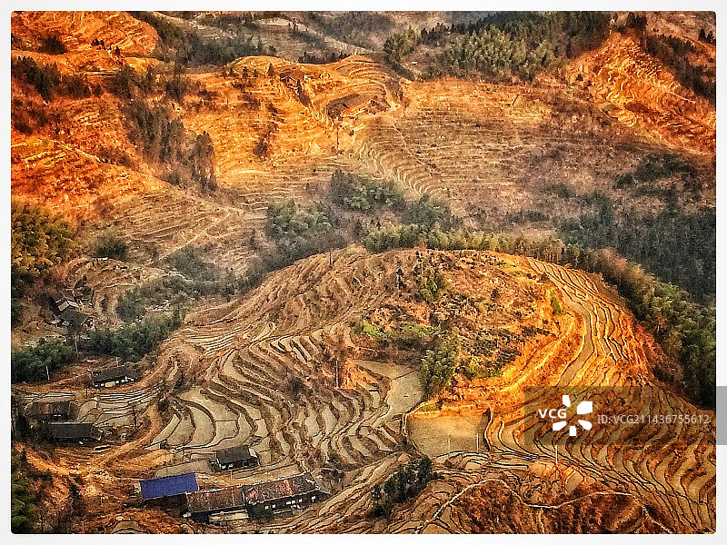 夕阳下的梯田图片素材