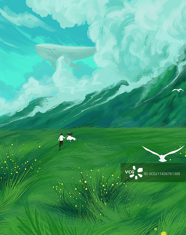 草地奔跑的情侣，户外大草原图片素材