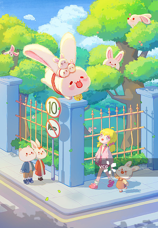 兔子女孩街道树木图片素材