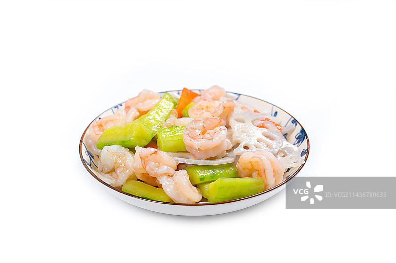 特色农家菜藕片黄瓜炒虾球图片素材