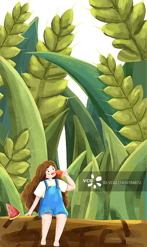 夏日乘凉吃冰棍的女孩插画图片素材