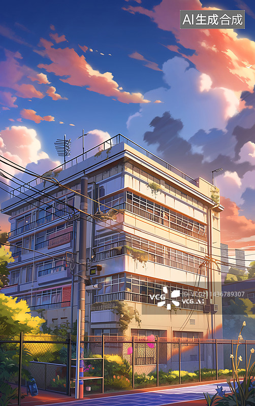 【AI数字艺术】放学回家附近的学校街景动漫风格插画图片素材