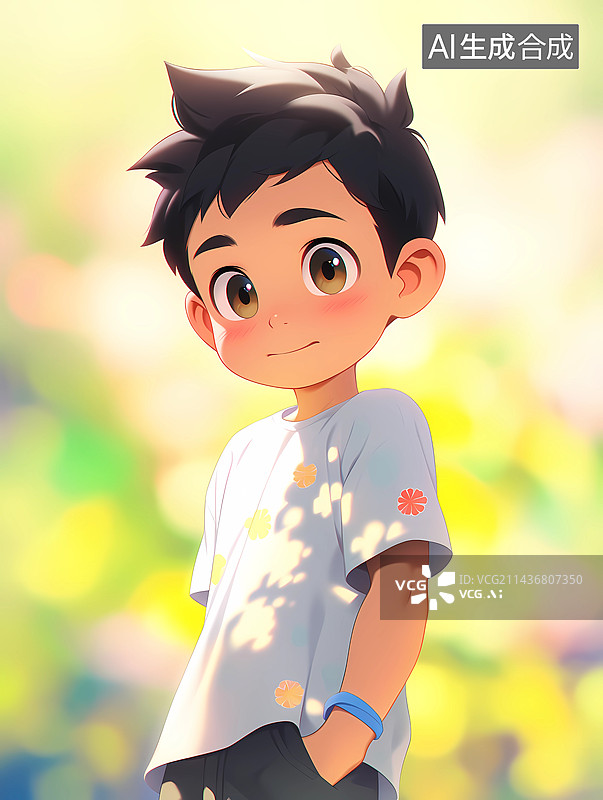 【AI数字艺术】站在阳光下的黑发小男孩图片素材