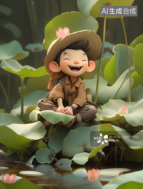 【AI数字艺术】在荷花池边的小男孩图片素材