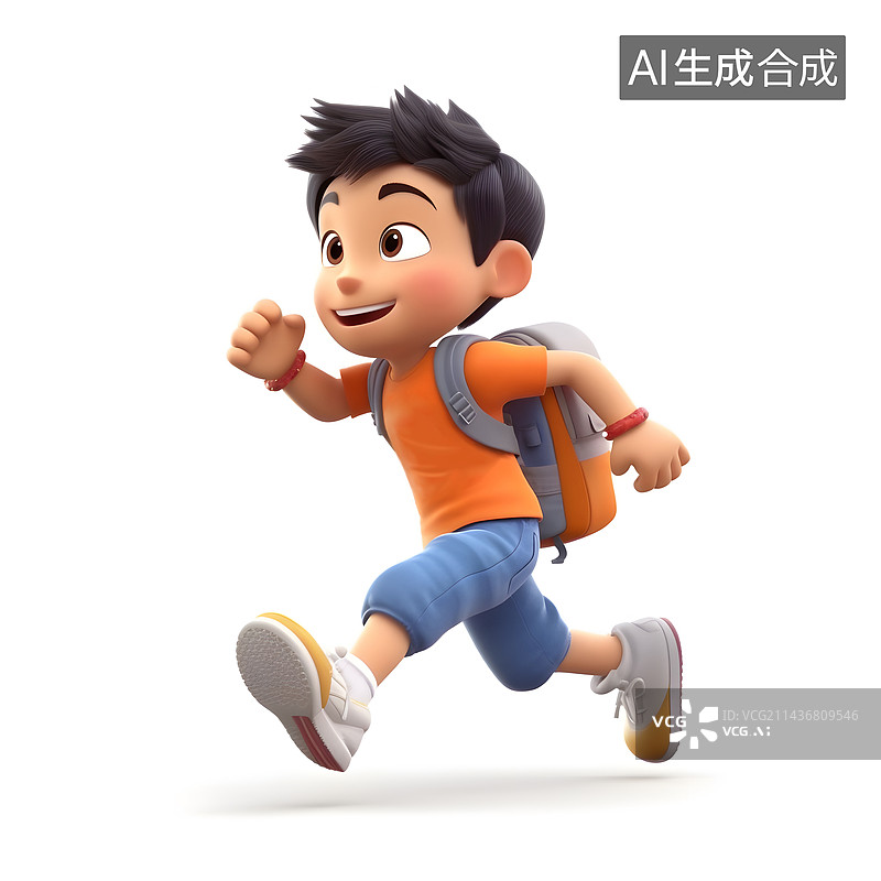 【AI数字艺术】快乐的小学生奔跑着去上学三维插画图片素材