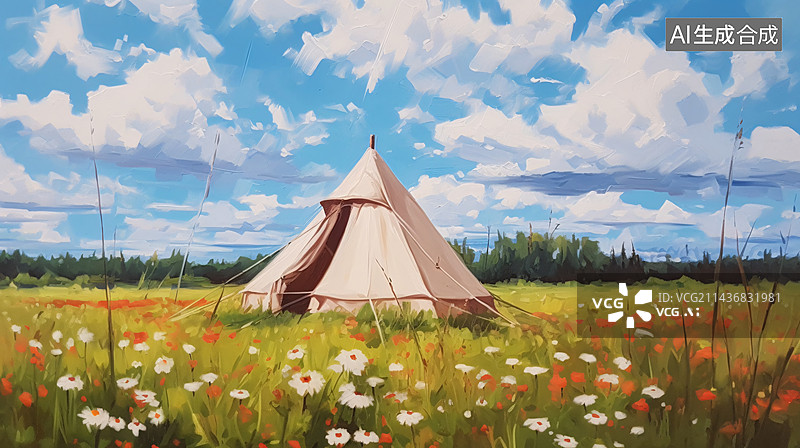 【AI数字艺术】油画风格户外露营草地天空背景壁纸图片素材