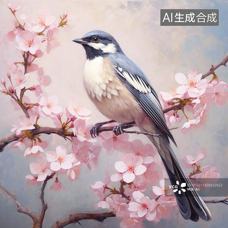 【AI数字艺术】油画风格春天樱花鸟图片素材