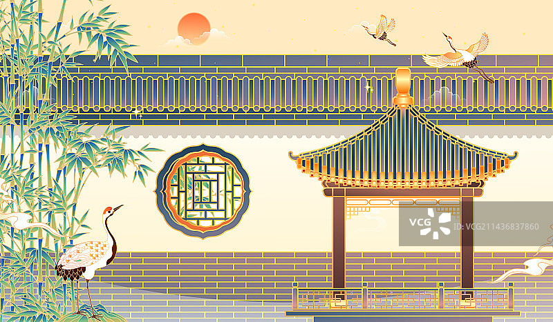 国潮风中国古典园林矢量插画图片素材