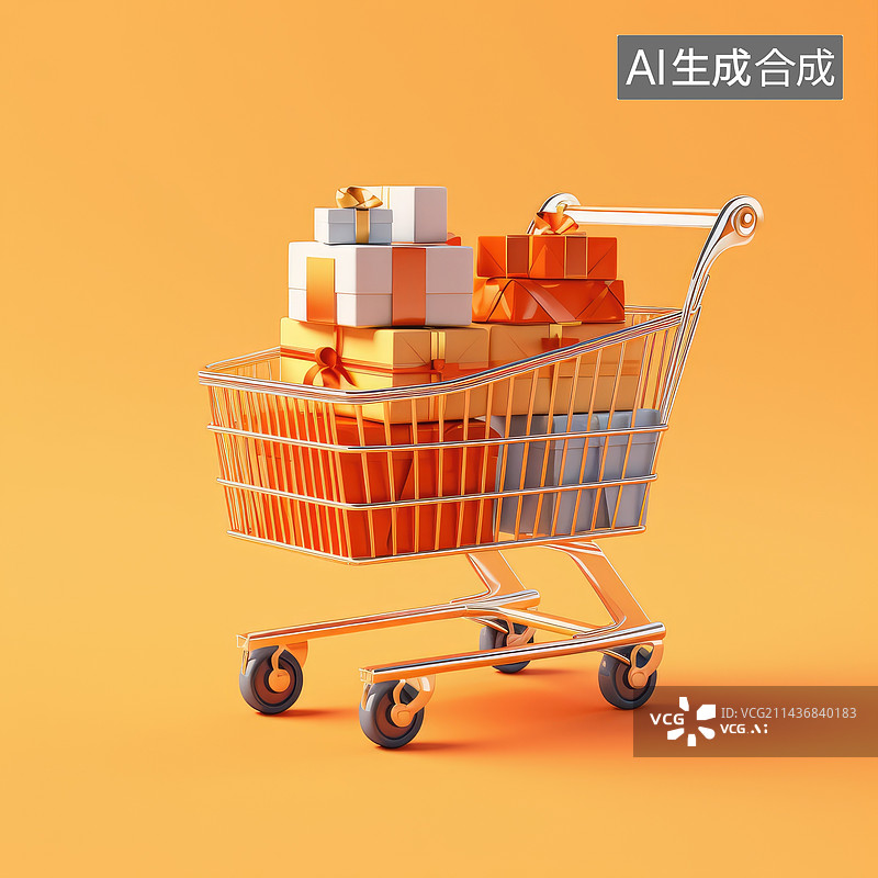 【AI数字艺术】购物车与礼盒背景3D渲染图片素材