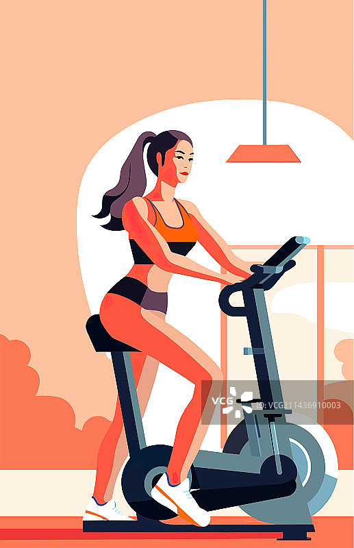 一位身材很好的女性在室内健身房骑动感单车，橘黄色色调图片素材