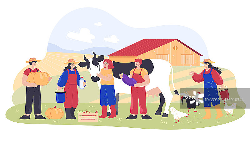 农业工人与奶牛扁平设计图片素材