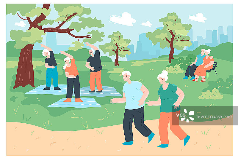 在城市公园锻炼的退休人员图片素材