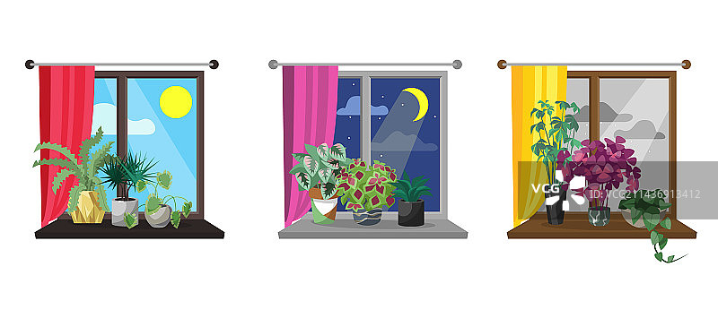 窗台上的盆栽植物卡通图片素材