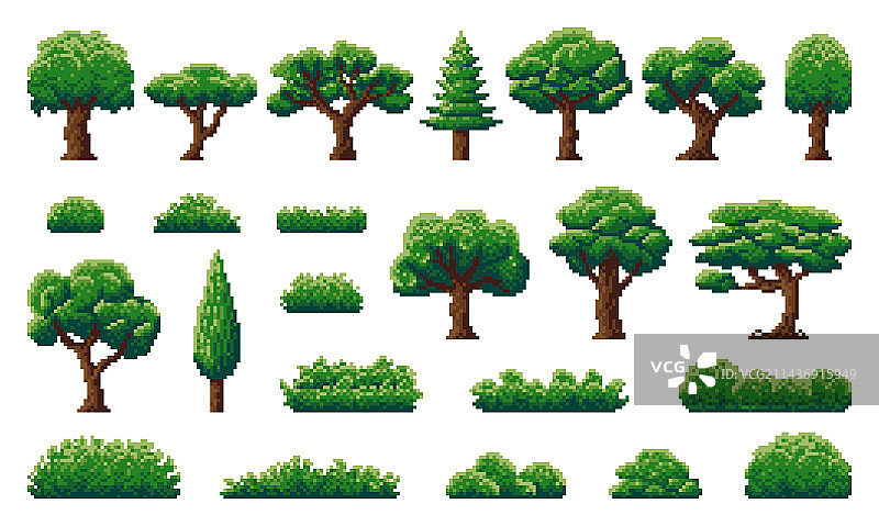 像素森林和丛林树木灌木草地植物图片素材