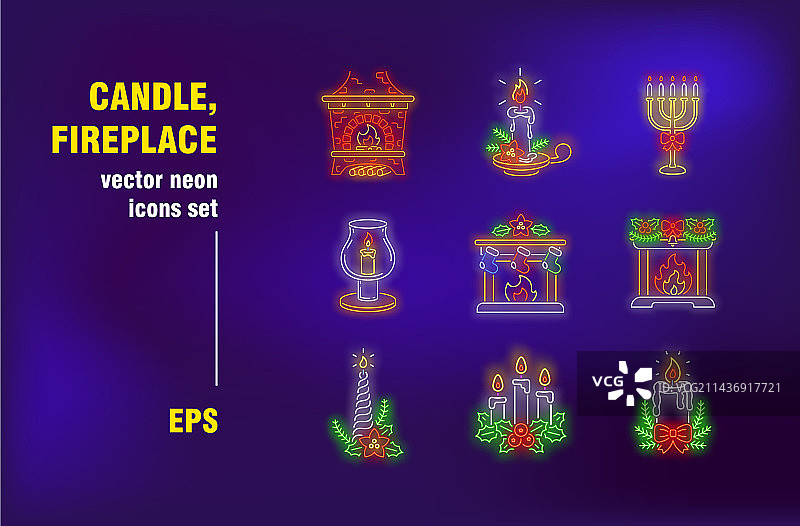 蜡烛和壁炉霓虹灯标志合集图片素材