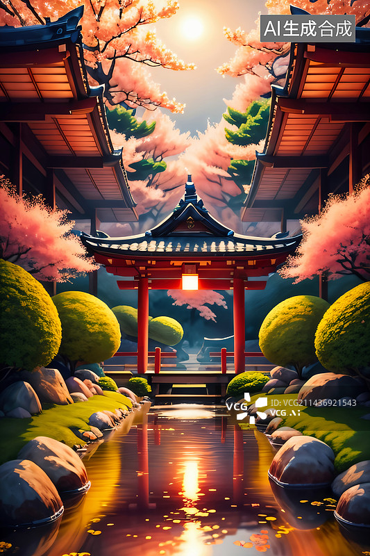 【AI数字艺术】唯美古建筑园林插画图片素材