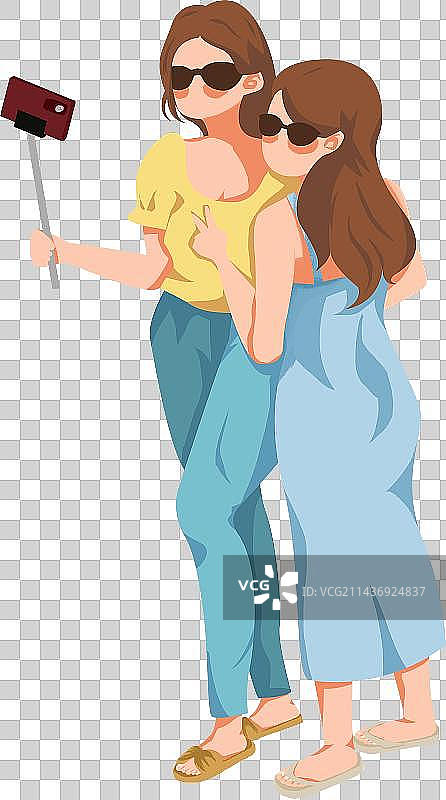 夏天女生旅游出去玩拿手机一起拍照直播自拍图片素材