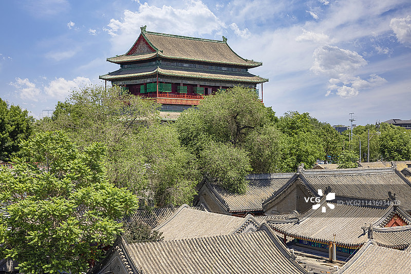 蓝天白云下的北京四合院和鼓楼图片素材