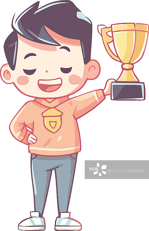 男孩手持象征成功的奖杯微笑图片素材