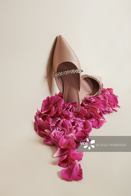 镶钻的时尚女鞋和花图片素材