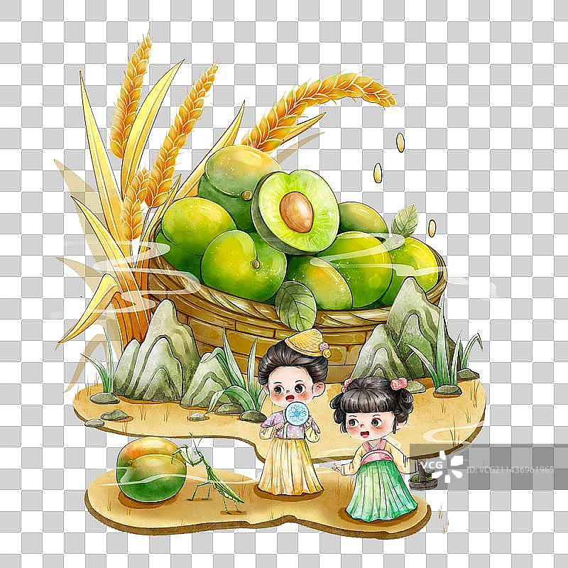 中国风芒种青梅螳螂汉服小孩麦子可爱元素图片素材