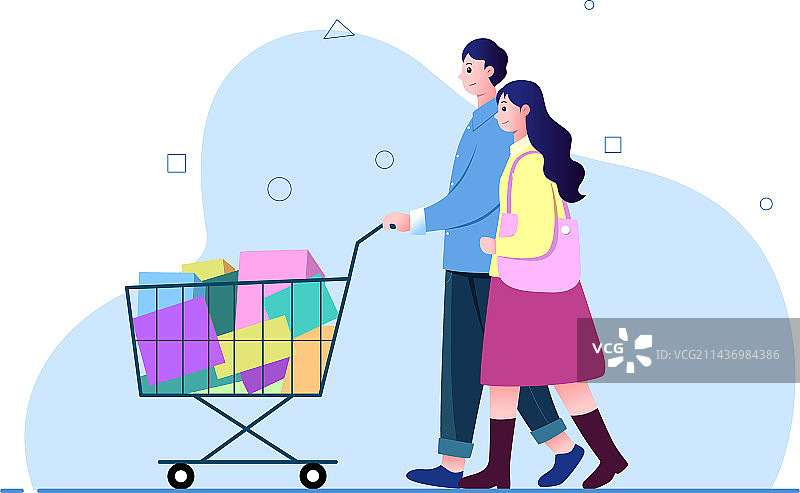 矢量插画一对青年男女推着购物车图片素材
