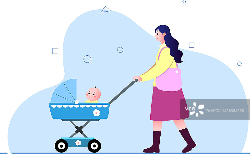矢量插画一位年轻妈妈推着婴儿车散步图片素材