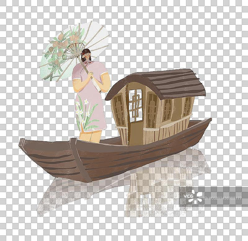 船与旗袍女孩插画元素图片素材