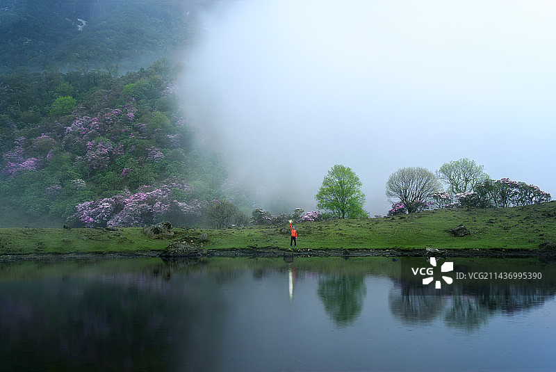 昆明禄劝轿子雪山大雾中的游人图片素材