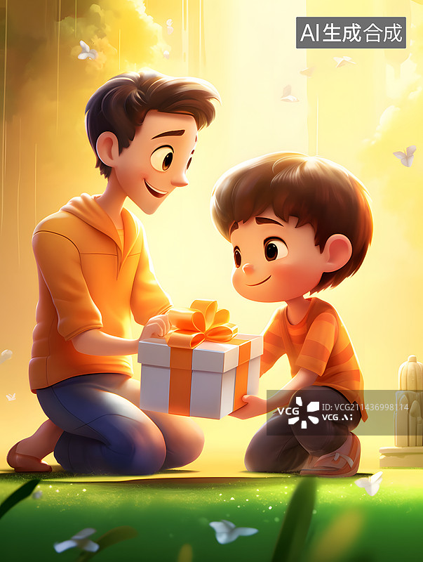 【AI数字艺术】父亲节孩子送礼物插画，父亲亲子互动玩乐3d渲染图片素材