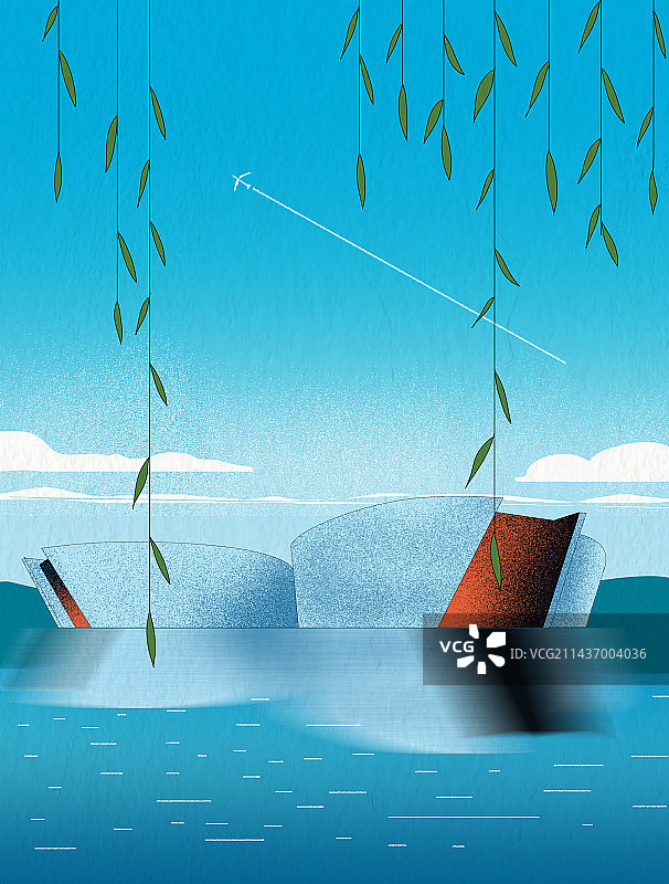 山东淄博风景景色景点景区地标建筑湖面湖上晴天垂柳插画图片素材