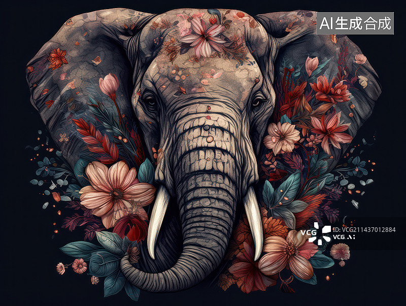 【AI数字艺术】花朵点缀的大象图片素材