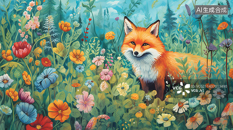 【AI数字艺术】花丛中的狐狸图片素材