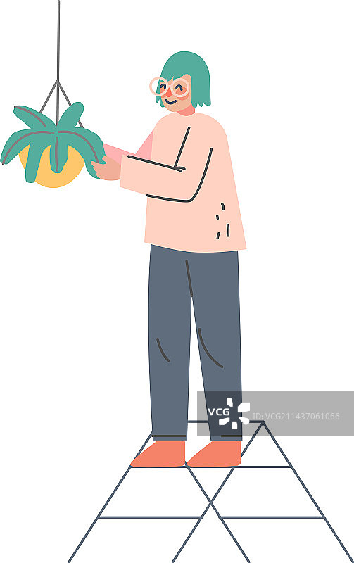 在温室里站在梯子上的女人图片素材