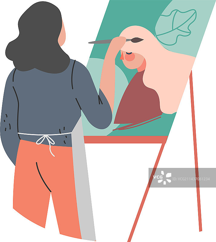 女艺术家在画布上绘制女孩肖像图片素材