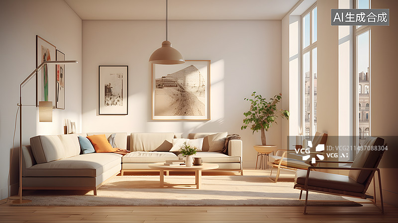 【AI数字艺术】室内海报用彩色白色沙发模拟客厅。3D渲染。图片素材