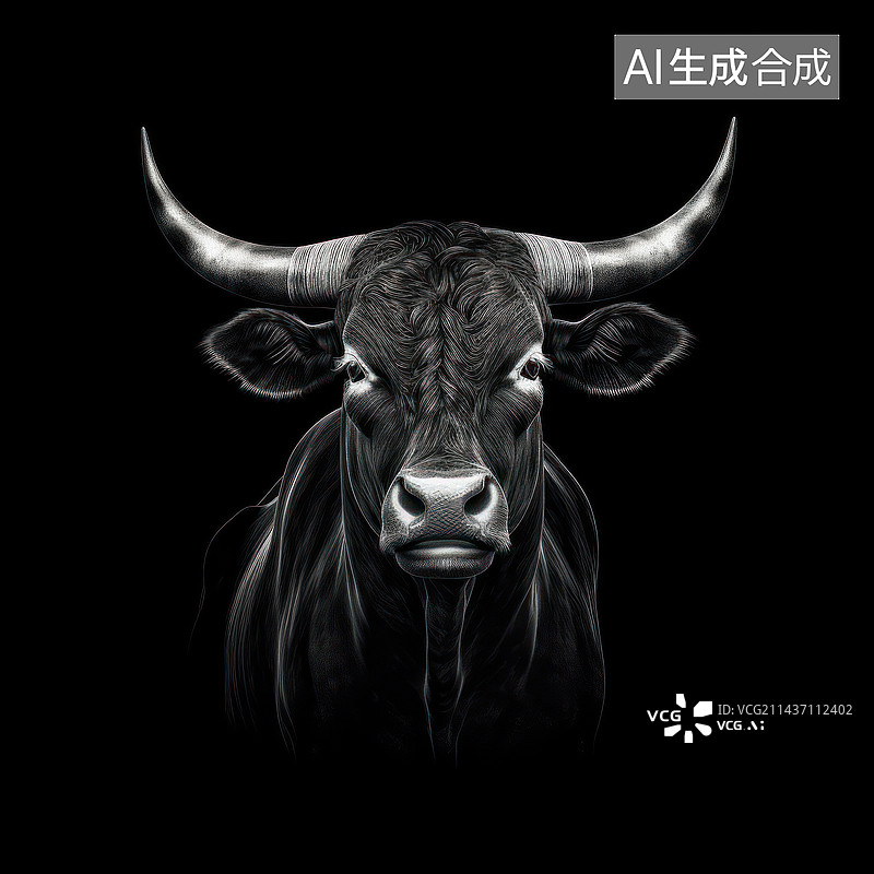 【AI数字艺术】白色线条勾勒的动物-牛图片素材