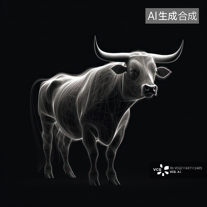 【AI数字艺术】白色线条勾勒的动物-牛图片素材