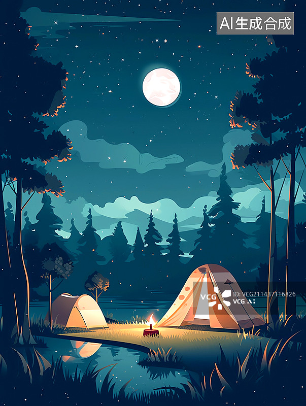 【AI数字艺术】夏天夜晚野外篝火露营图片素材