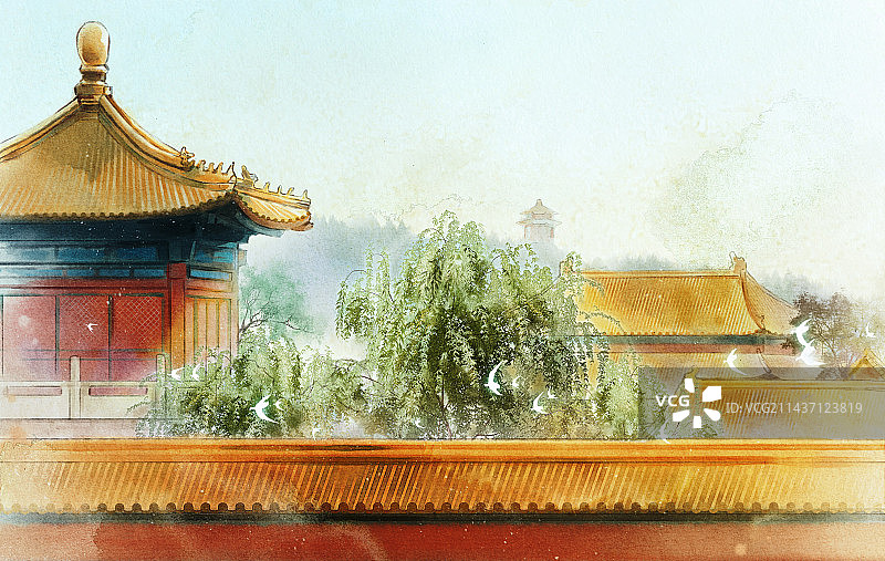 故宫建筑群-水彩水墨古风插画图片素材