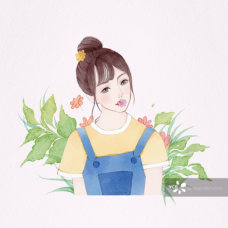 手绘小清新鲜花女孩图片素材