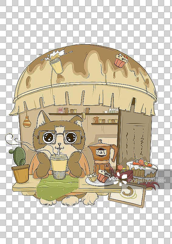 咖啡铺子猫咪手绘插画图片素材