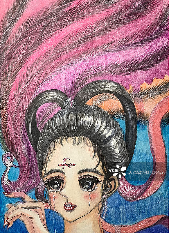 夏天山川女孩儿童提线可爱国风异域风情奇异手绘插画图片素材